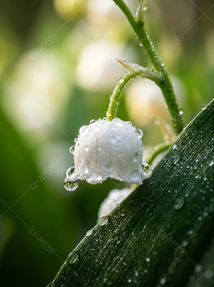 Foto Macro Lírio do Vale Branco com Gotas de Orvalho Natureza