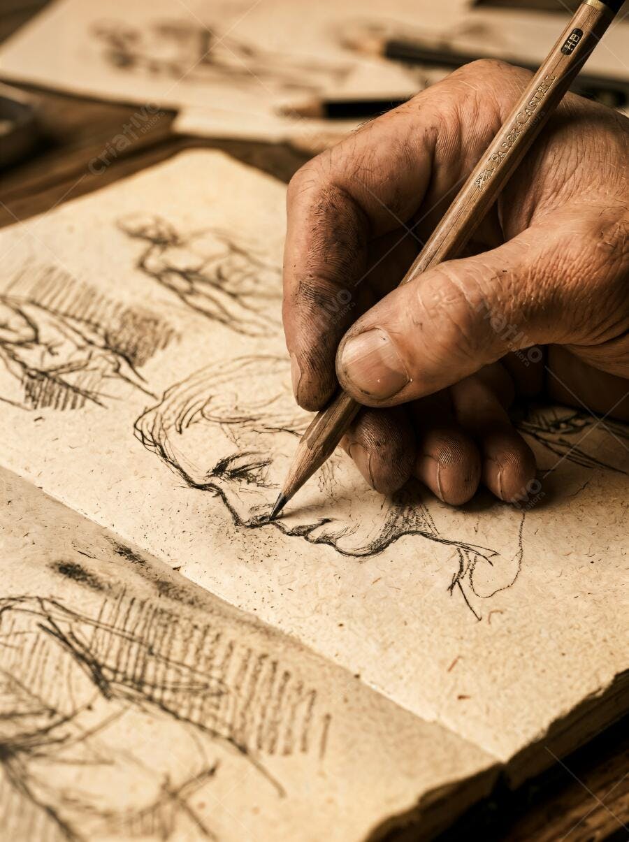 Foto Mão Desenhando Esboço Lápis Caderno Antigo Arte