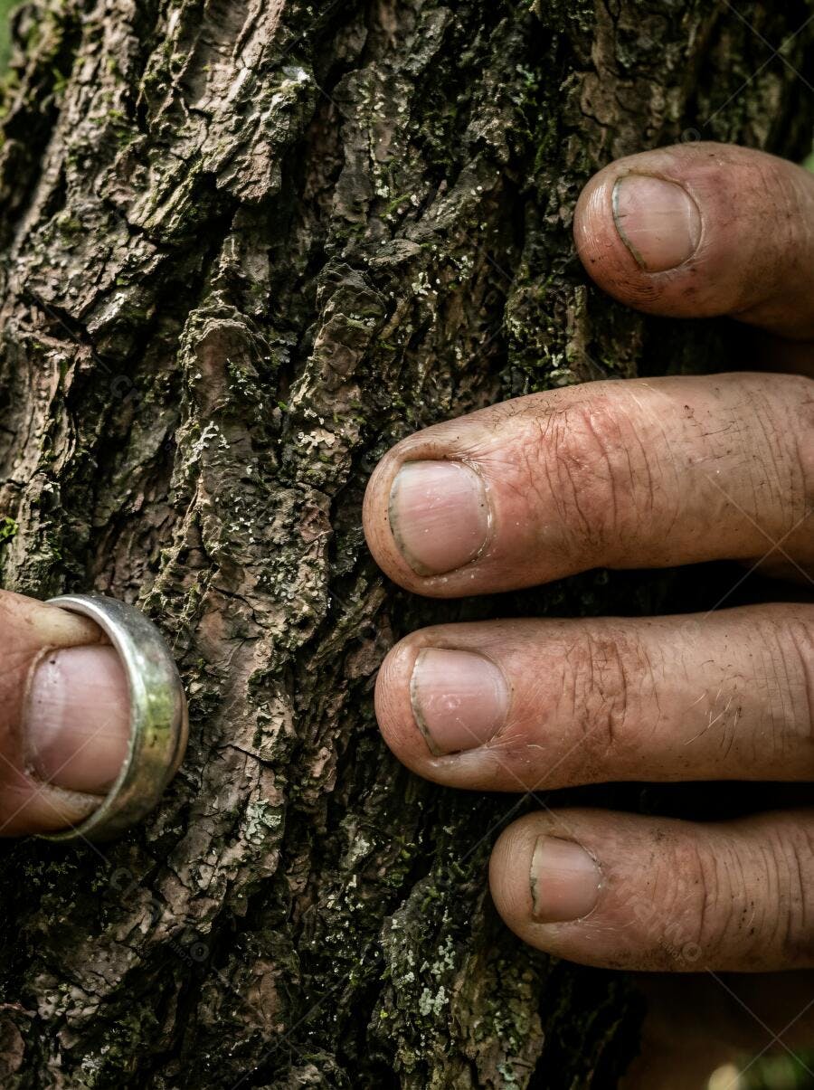 Foto Mão Masculina Anel Casamento Tocando Tronco Árvore Natureza
