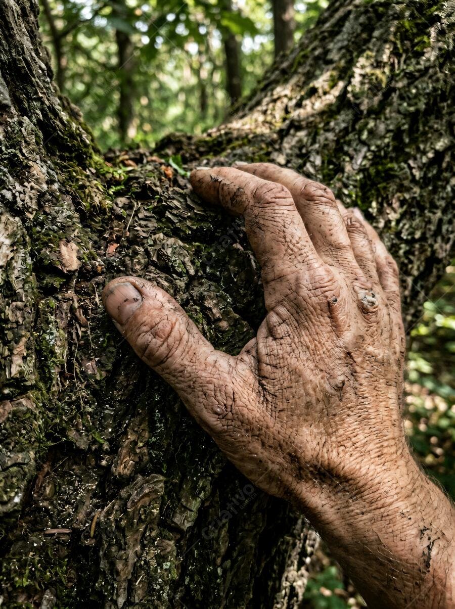 Foto Mão Suja Tocando Tronco de Árvore Floresta