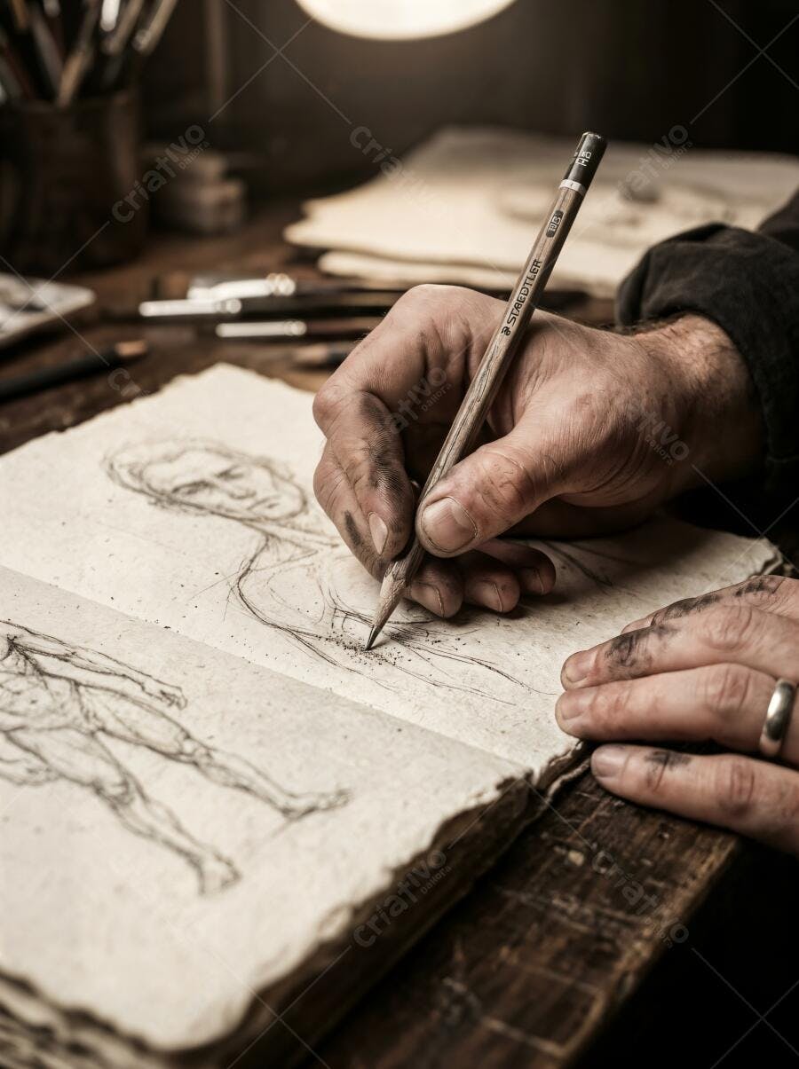 Foto Mãos de Artista Desenhando Esboço Lápis Caderno Antigo