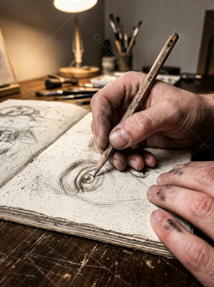 Foto Mãos Desenhando Esboço Lápis Caderno Arte Estúdio
