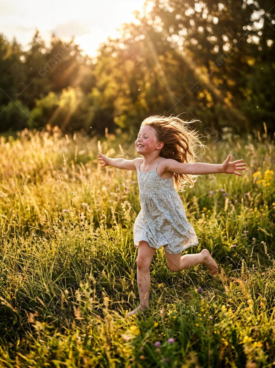 Foto Menina Correndo Campo Aberto Pôr do Sol Cabelo ao Vento