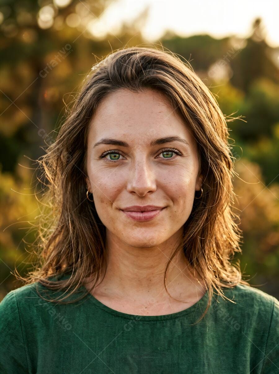 Foto Mulher Jovem Sorrindo Olhos Verdes Luz Dourada Natural