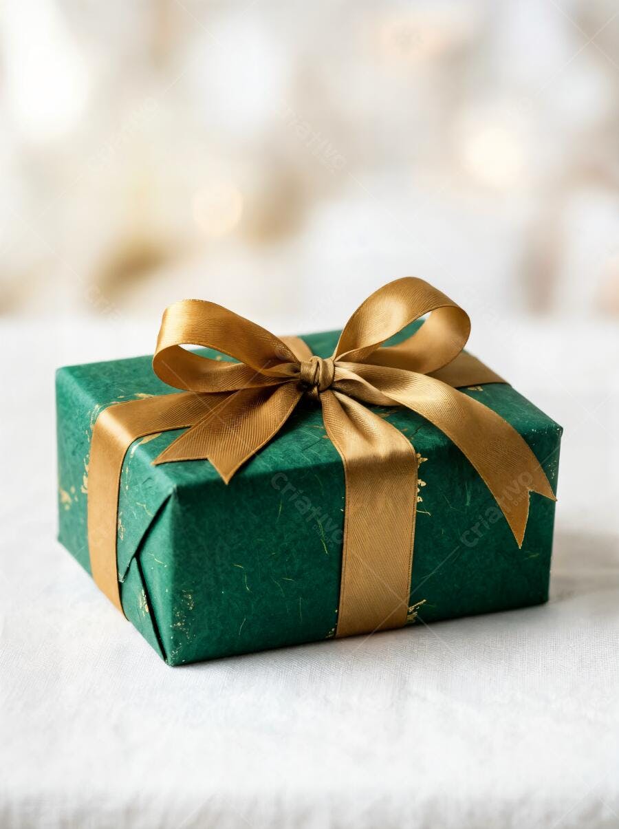 Foto Presente Verde Laço Dourado Fundo Desfocado Natal