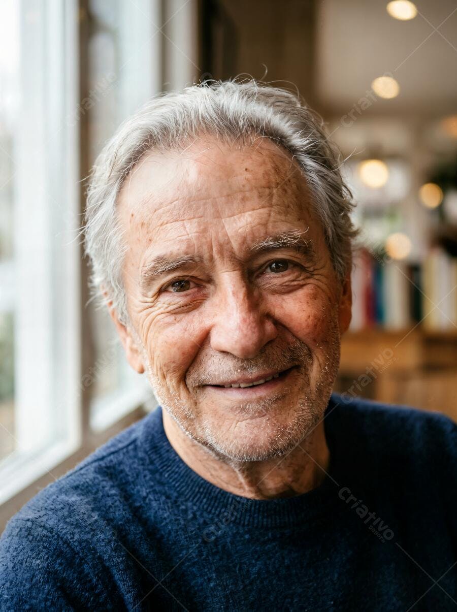 Foto Retrato Homem Idoso Sorrindo Cabelos Brancos Janela