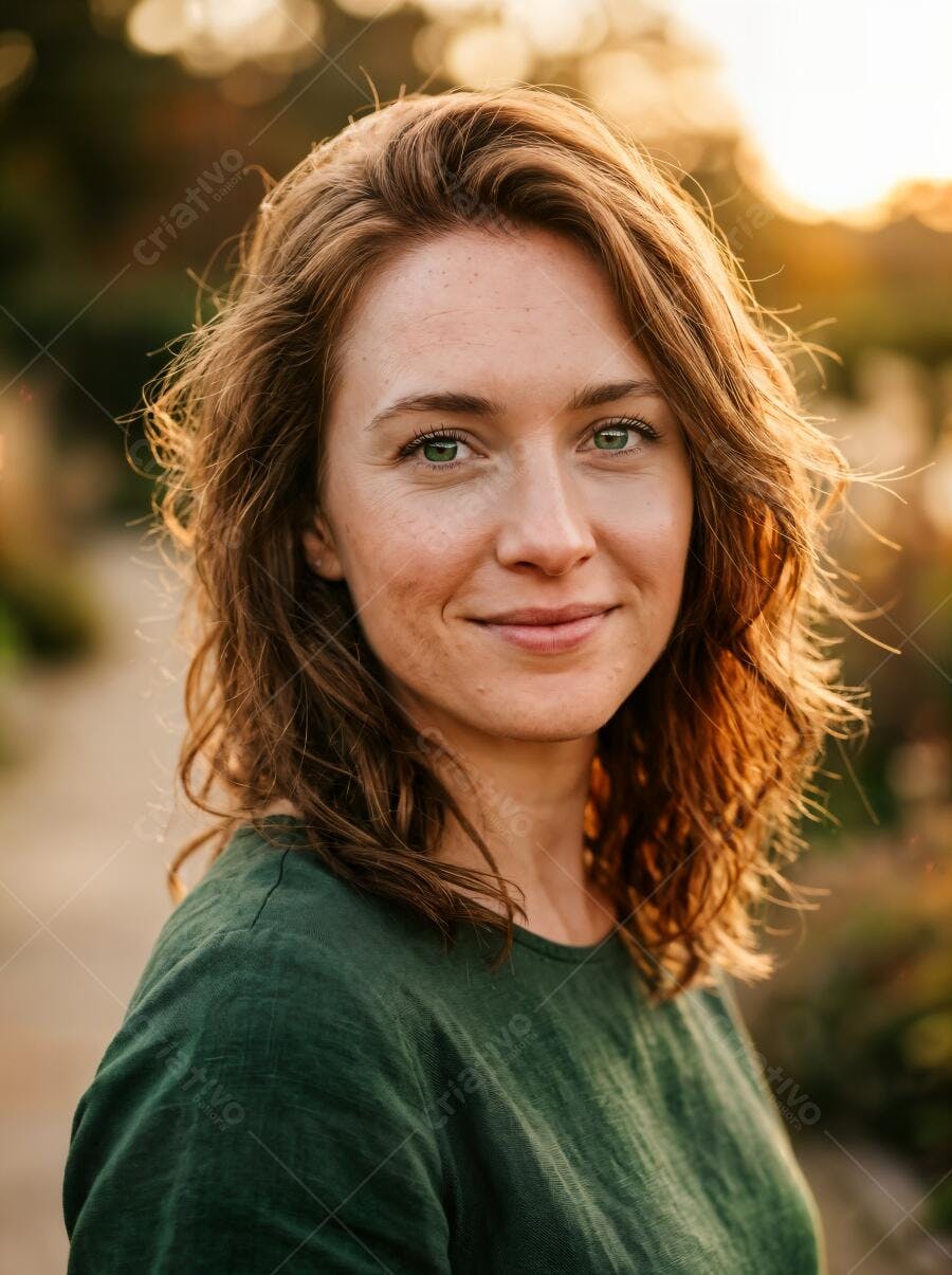 Foto Retrato Mulher Jovem Ruiva Sorrindo Luz Dourada Natural