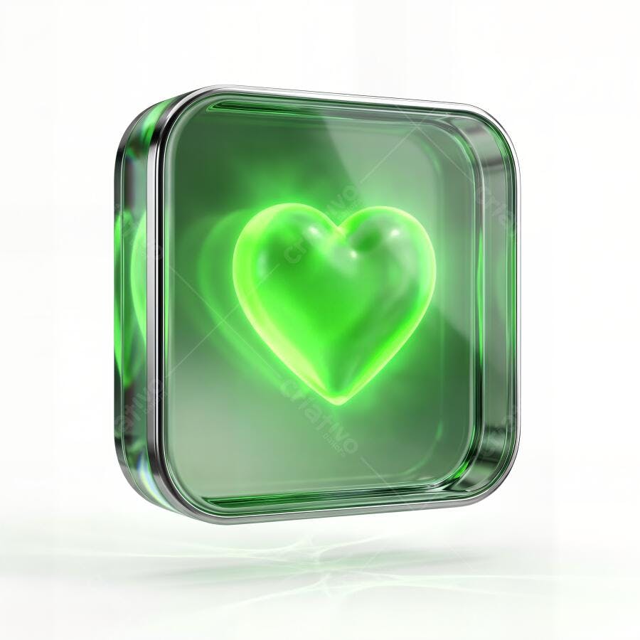 Ícone Coração Verde Neon 3D Fundo Branco