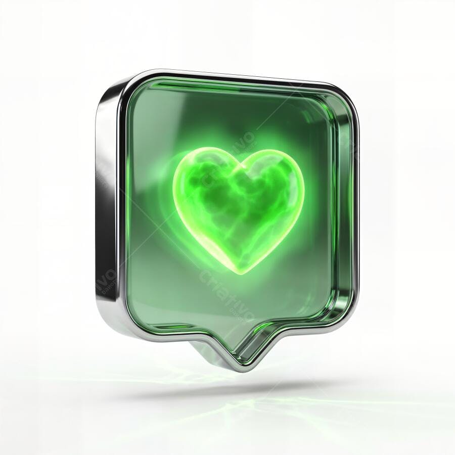 Ícone Coração Verde Neon 3D Like Redes Sociais