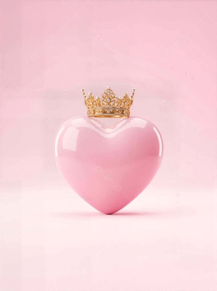 Foto Coração Rosa com Coroa Dourada Fundo Rosa Claro