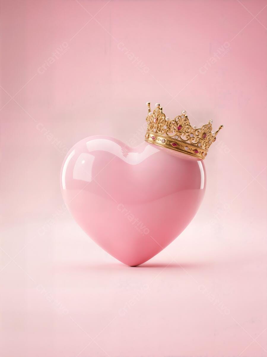 Foto Coração Rosa com Coroa Dourada Fundo Rosa Claro