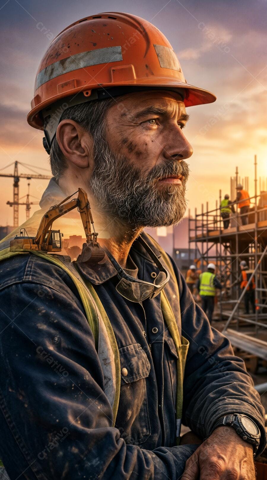 Foto Engenheiro Civil Barba Capacete Obra Construção Pôr do Sol