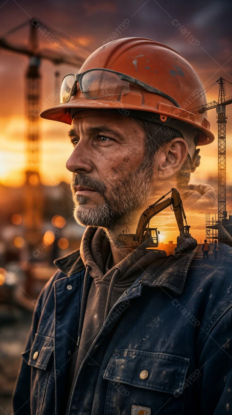 Foto Engenheiro Construção Civil Capacete Laranja Pôr do Sol