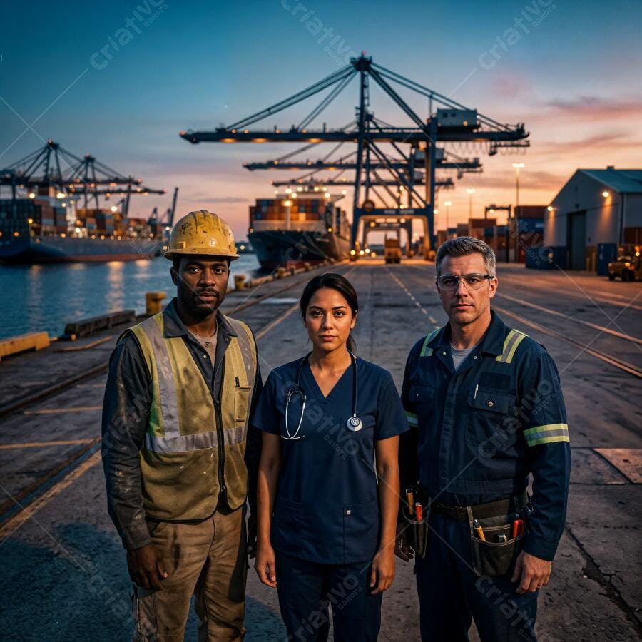 Foto Equipe Multiprofissional Trabalhadores Porto ao Entardecer
