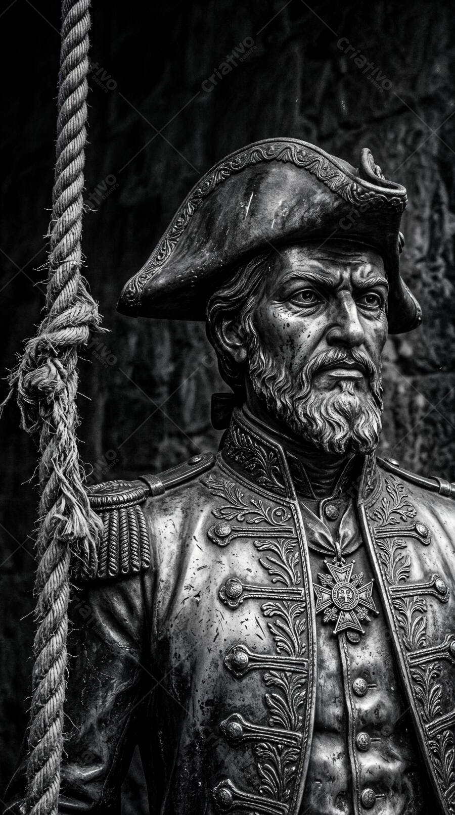 Foto Estátua Capitão Pirata Barba Roupa Antiga Preto e Branco