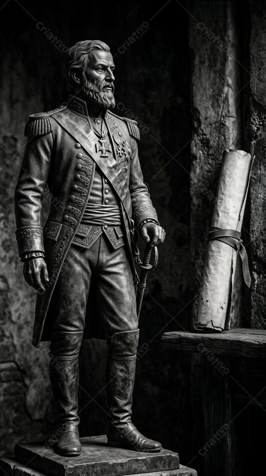 Foto Estátua General Militar Antigo Espada Pergaminho Monocromático