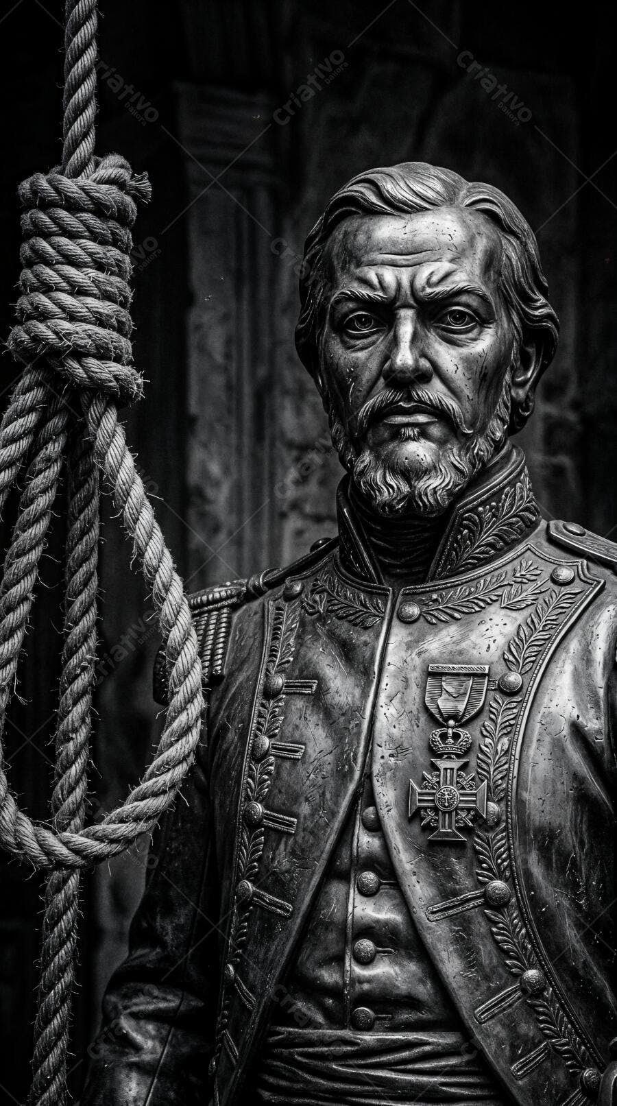 Foto Estátua Militar Antiga Corda Forca Preto e Branco