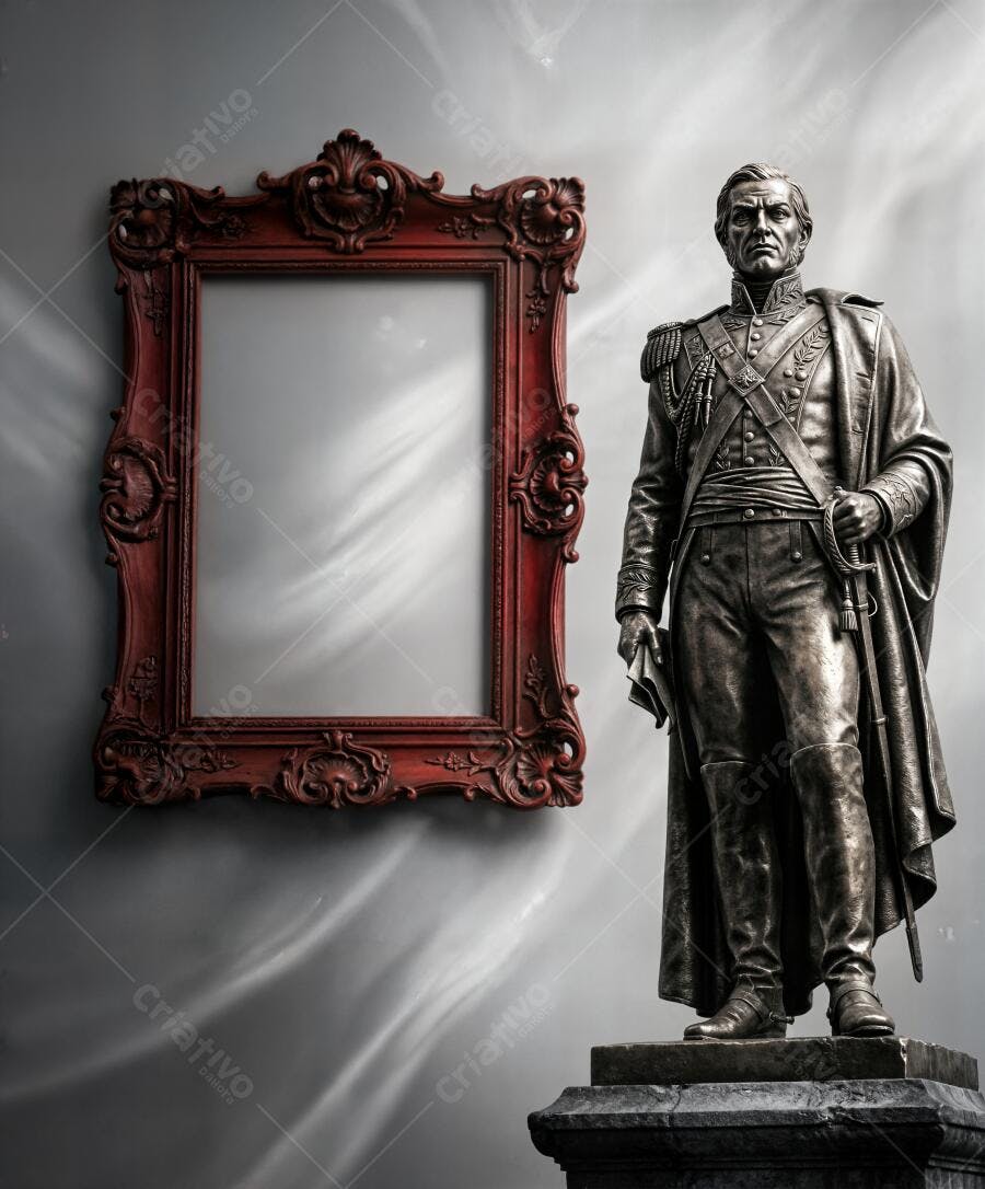 Foto Estátua Militar Antiga e Moldura Dourada Clássica