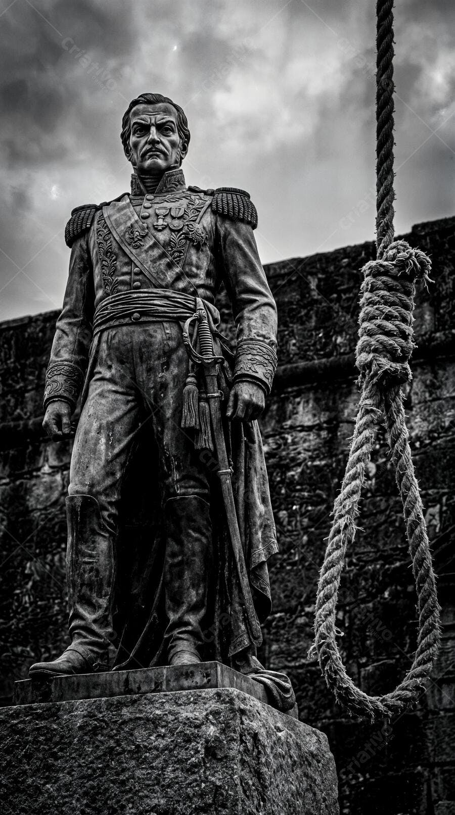 Foto Estátua Militar Histórica Forca Fundo Escuro Preto e Branco