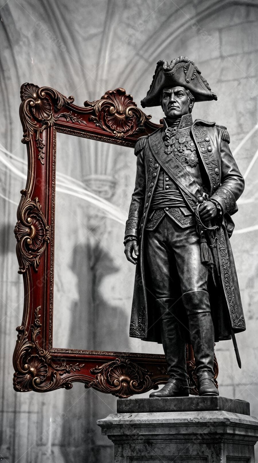 Foto Estátua Militar Histórica Moldura Dourada Antiga