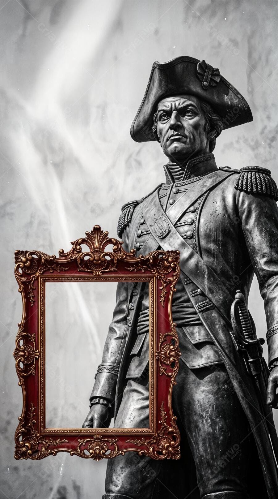 Foto Estátua Militar Histórica Moldura Dourada Vermelha