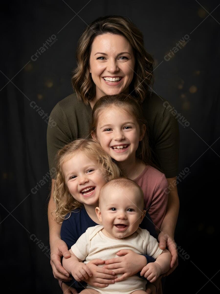 Foto Família Feliz Mãe e Três Filhos Retrato Estúdio