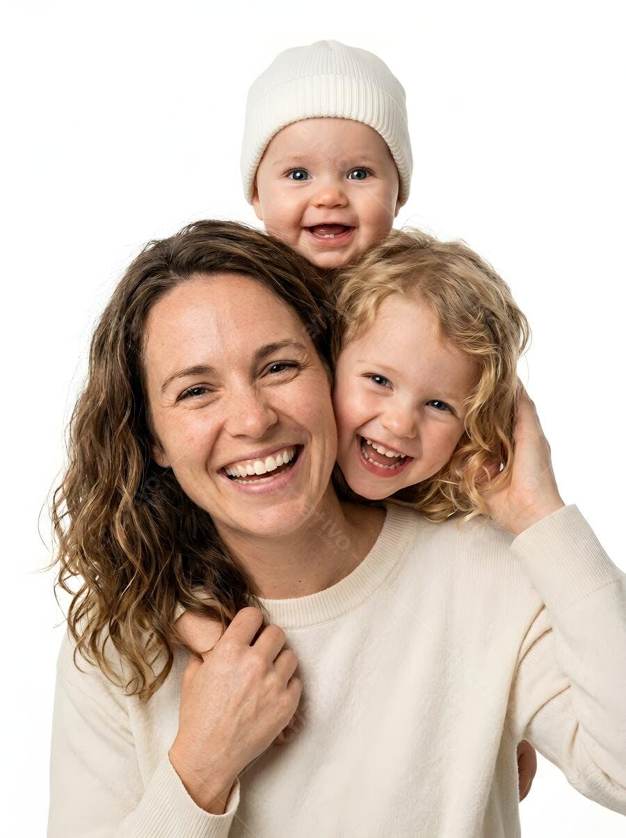 Foto Família Feliz Mãe Filhos Sorrindo Fundo Branco