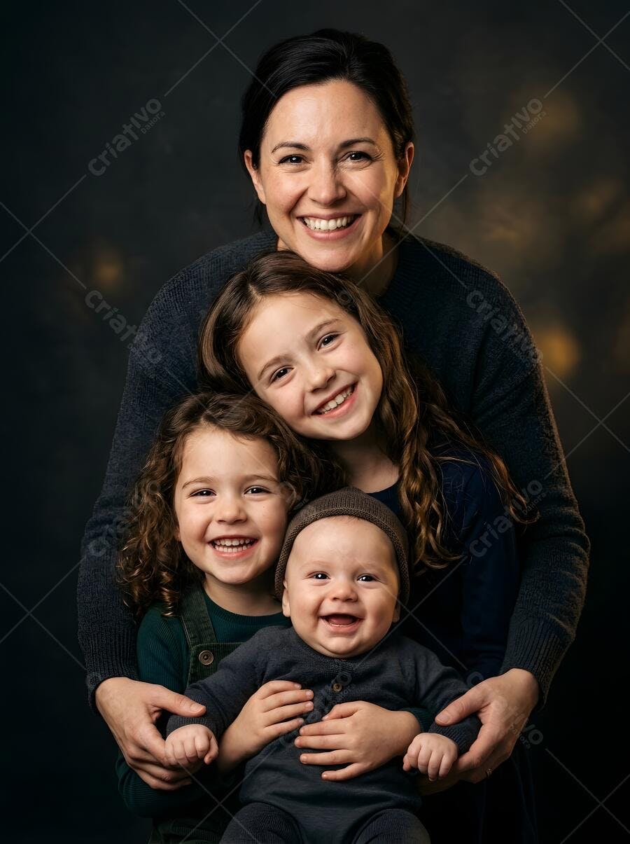 Foto Família Feliz Mãe Filhos Sorrindo Retrato Estúdio