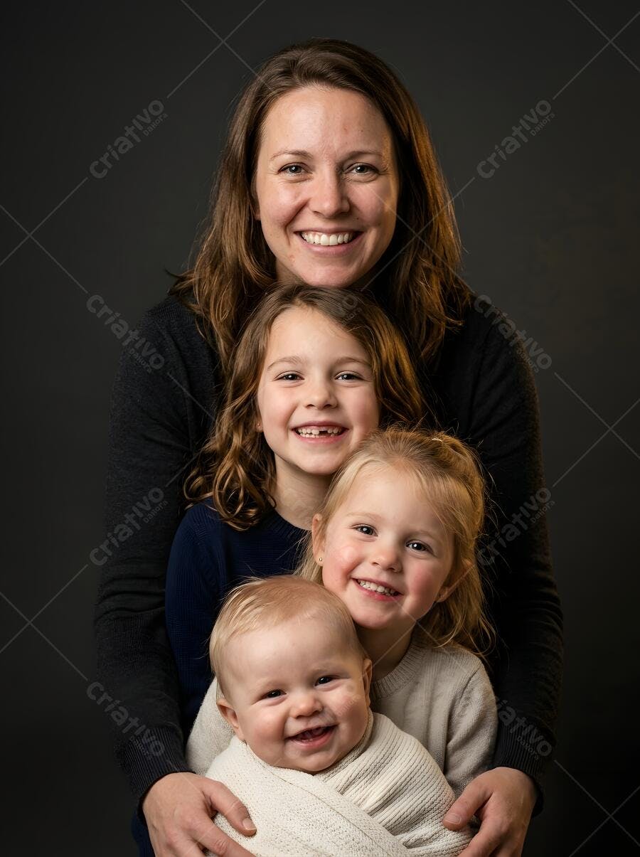 Foto Família Mãe e Três Filhos Sorrindo Retrato Estúdio