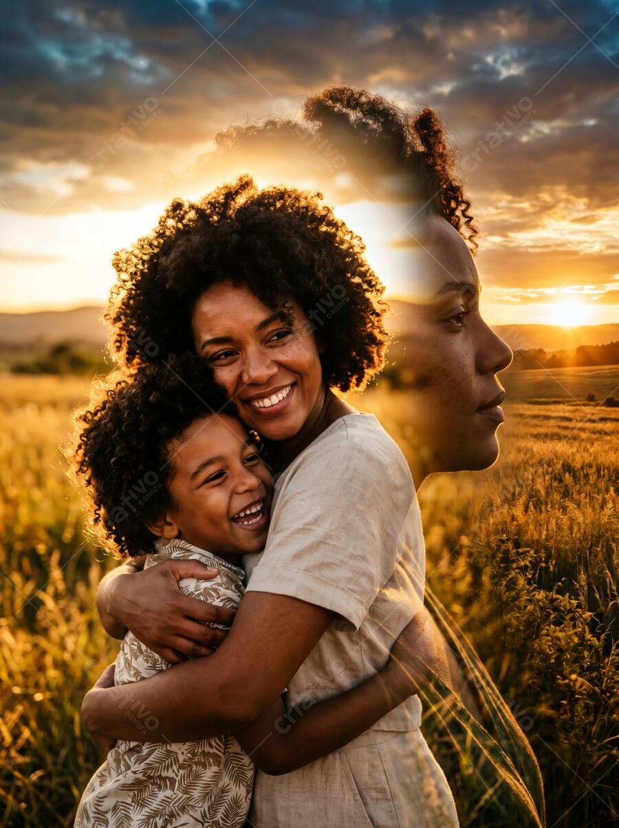Foto Família Negra Mãe e Filho Abraçados Pôr do Sol Campo
