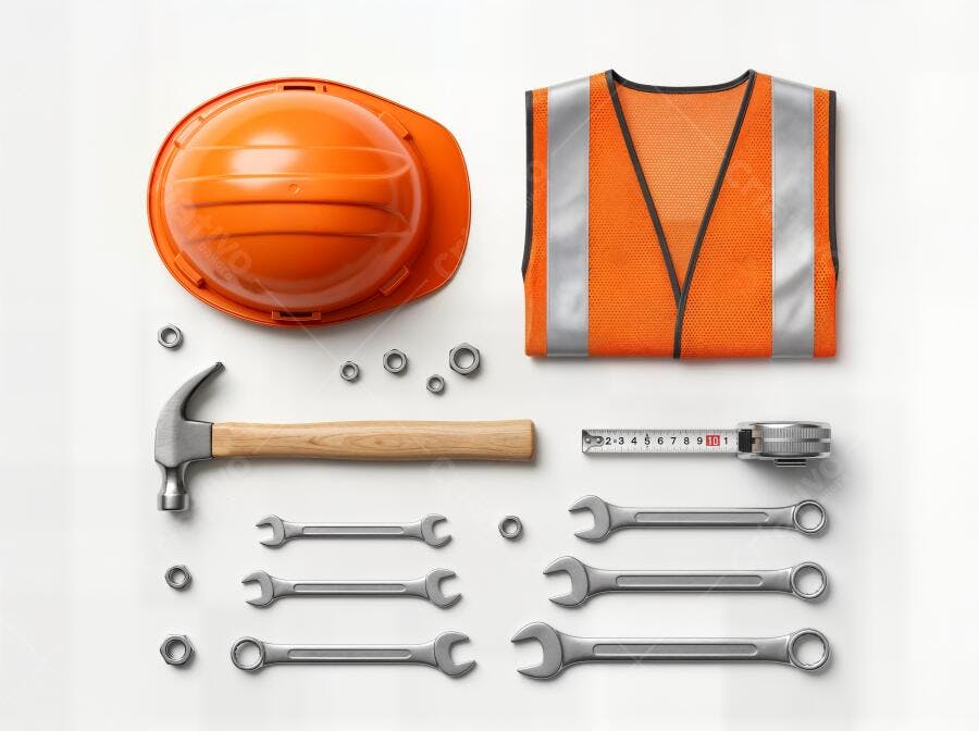 Foto Ferramentas de Construção Capacete Colete Laranja Flat Lay