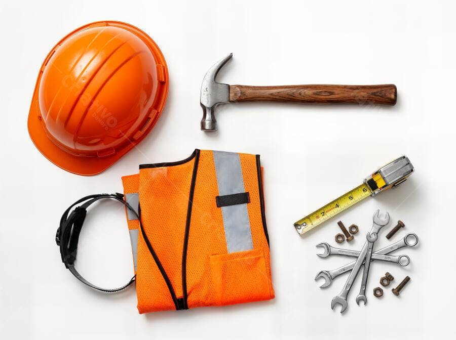 Foto Ferramentas de Construção Capacete Colete Laranja Fundo Branco
