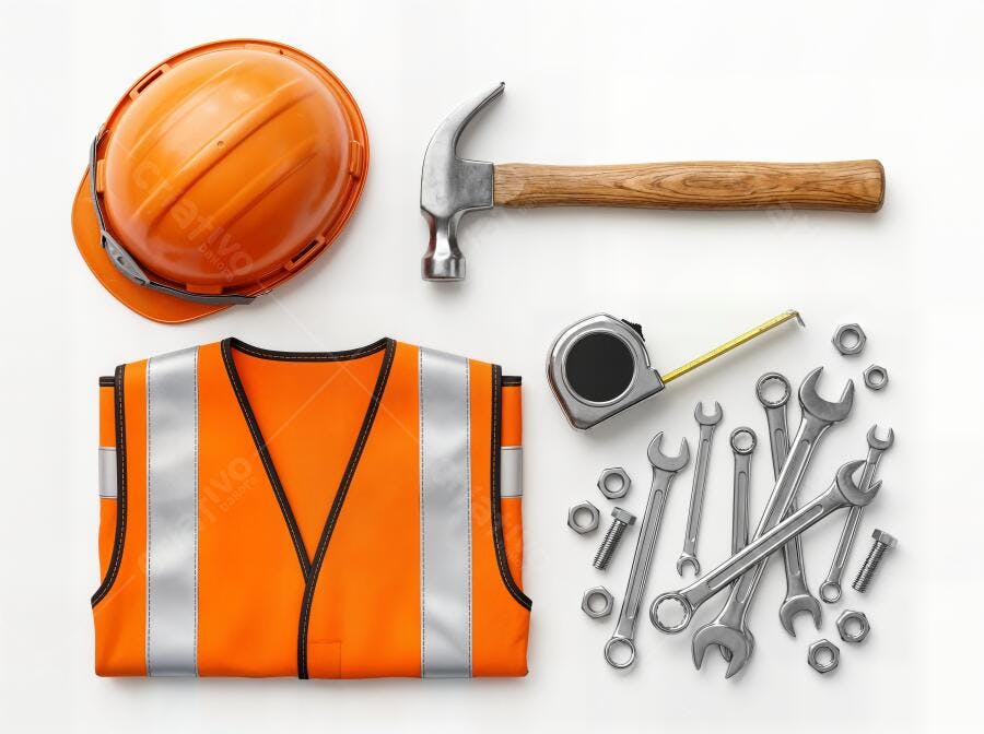 Foto Ferramentas de Construção Capacete Colete Laranja Fundo Branco