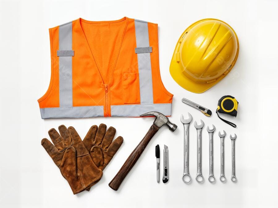 Foto Ferramentas de Construção Capacete Colete Luvas Flat Lay