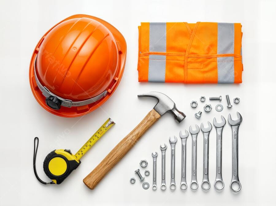 Foto Ferramentas de Construção Capacete Martelo Chaves Fundo Branco
