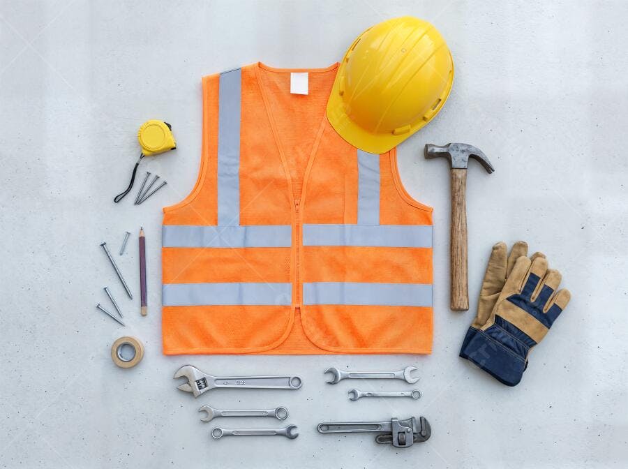 Foto Flat Lay Equipamentos de Segurança Construção Civil