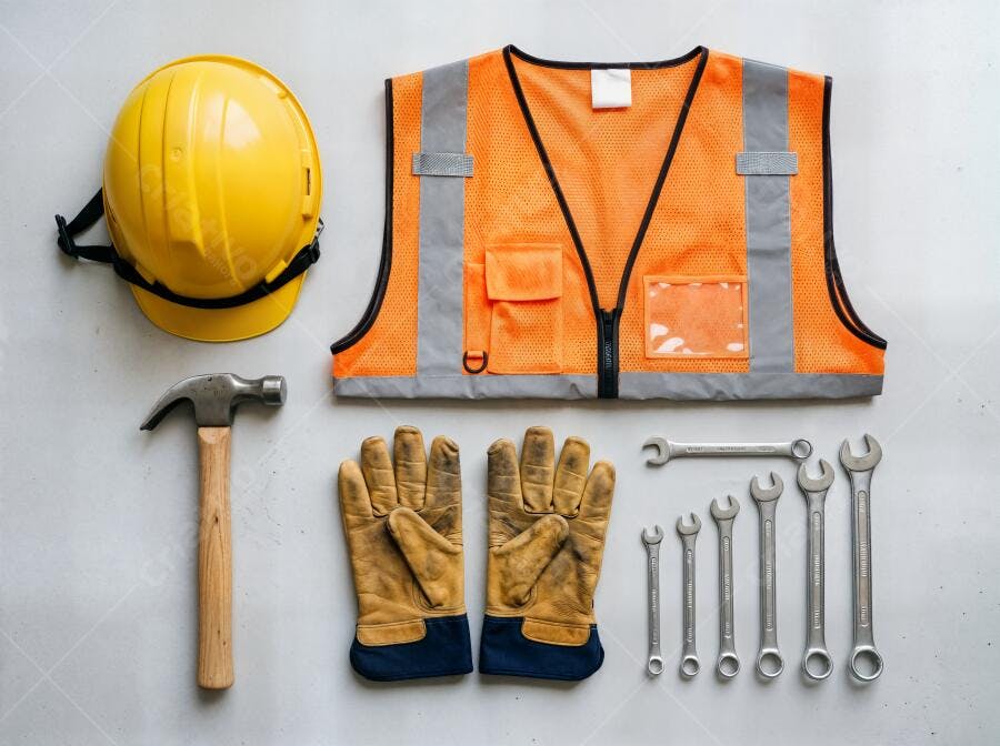 Foto Flat Lay Equipamentos de Segurança Ferramentas Construção Civil