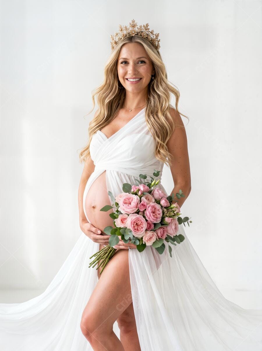 Foto Gestante Loira Sorrindo Vestido Branco Coroa Flores Rosas