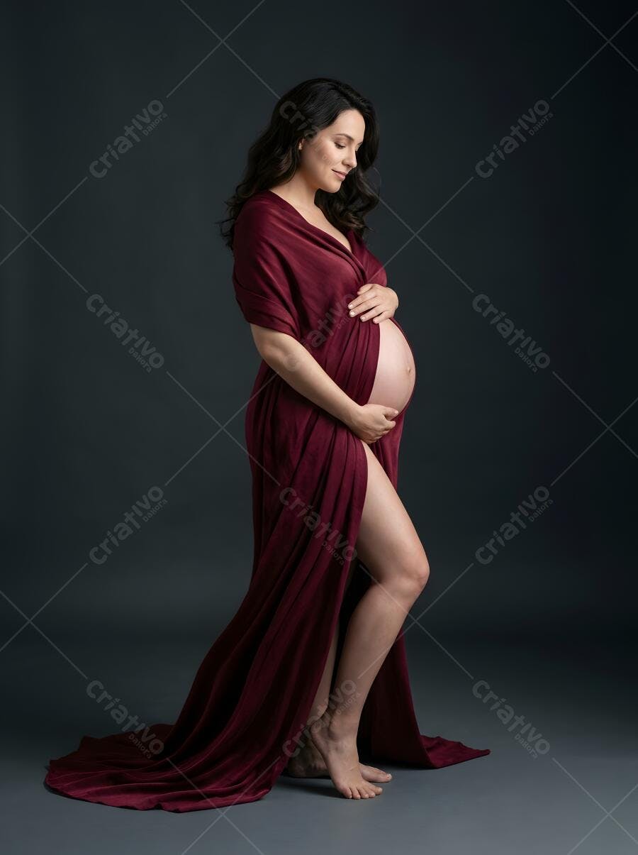 Foto Gestante Mulher Grávida Vestido Vinho Estúdio Escuro