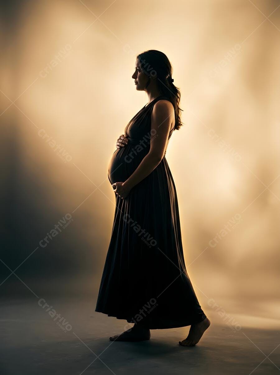 Foto Gestante Silhueta Perfil Vestido Escuro Estúdio