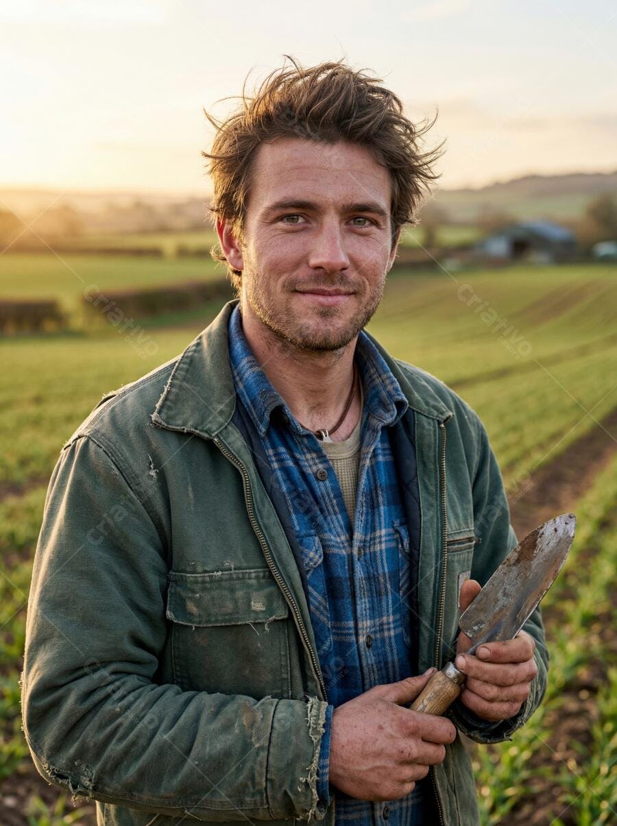 Foto Homem Agricultor Sorrindo Ferramenta Campo Dourado