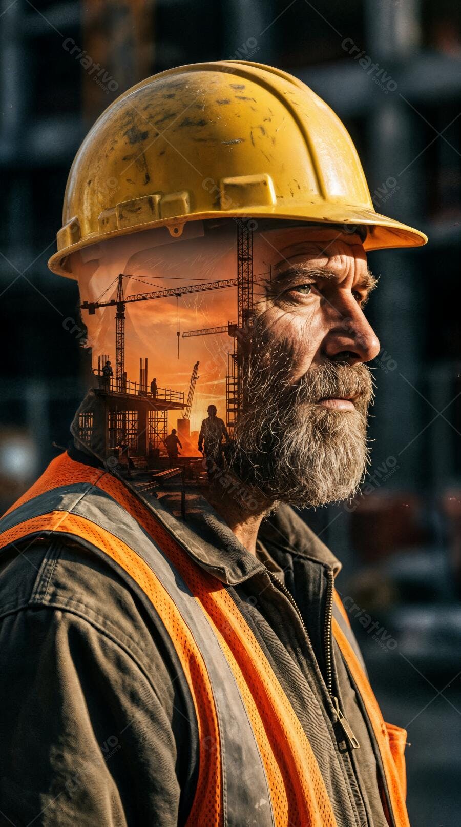 Foto Homem Barba Capacete Construção Civil Dupla Exposição
