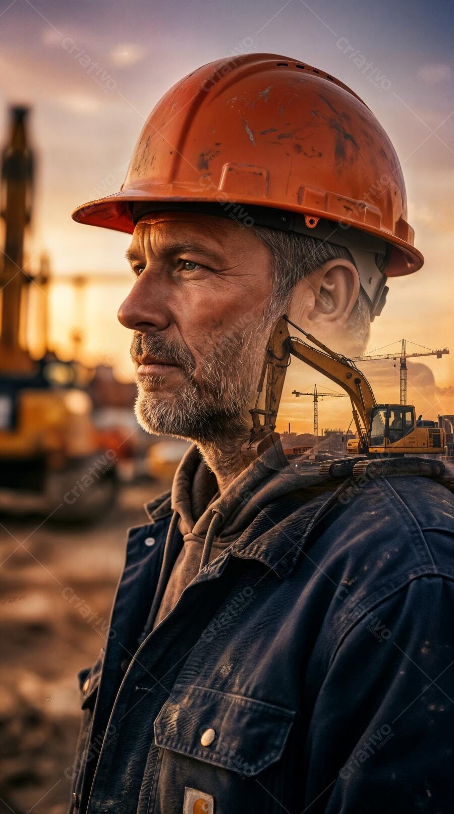 Foto Homem Barba Capacete Obra Construção Civil Pôr do Sol