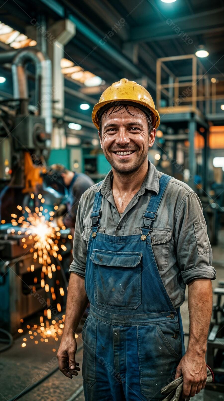 Foto Homem Trabalhador Sorrindo Fábrica Industrial Capacete Amarelo