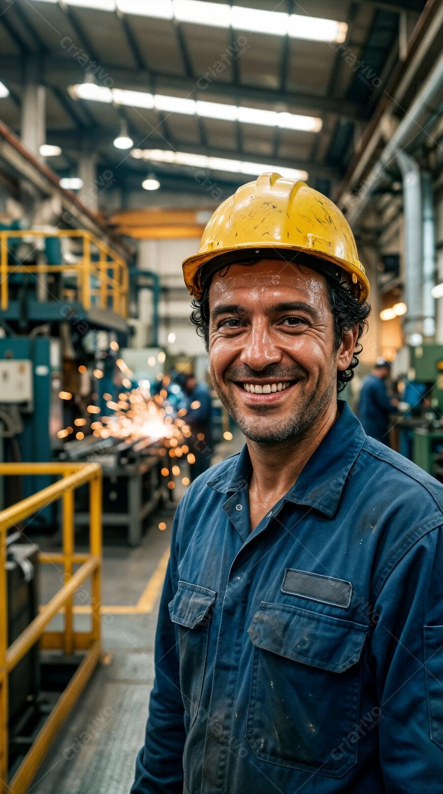 Foto Homem Trabalhador Sorrindo Fábrica Metalúrgica Capacete Amarelo