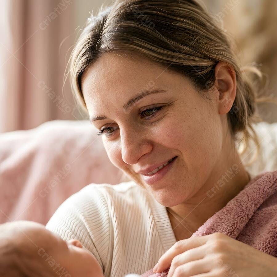 Foto Mãe Branca Sorrindo Olhando Bebê Recém-Nascido em Casa