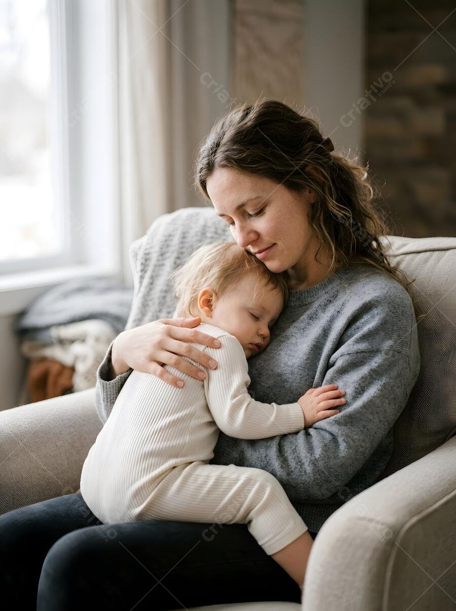 Foto Mãe e Bebê Dormindo Aconchego no Sofá Lifestyle