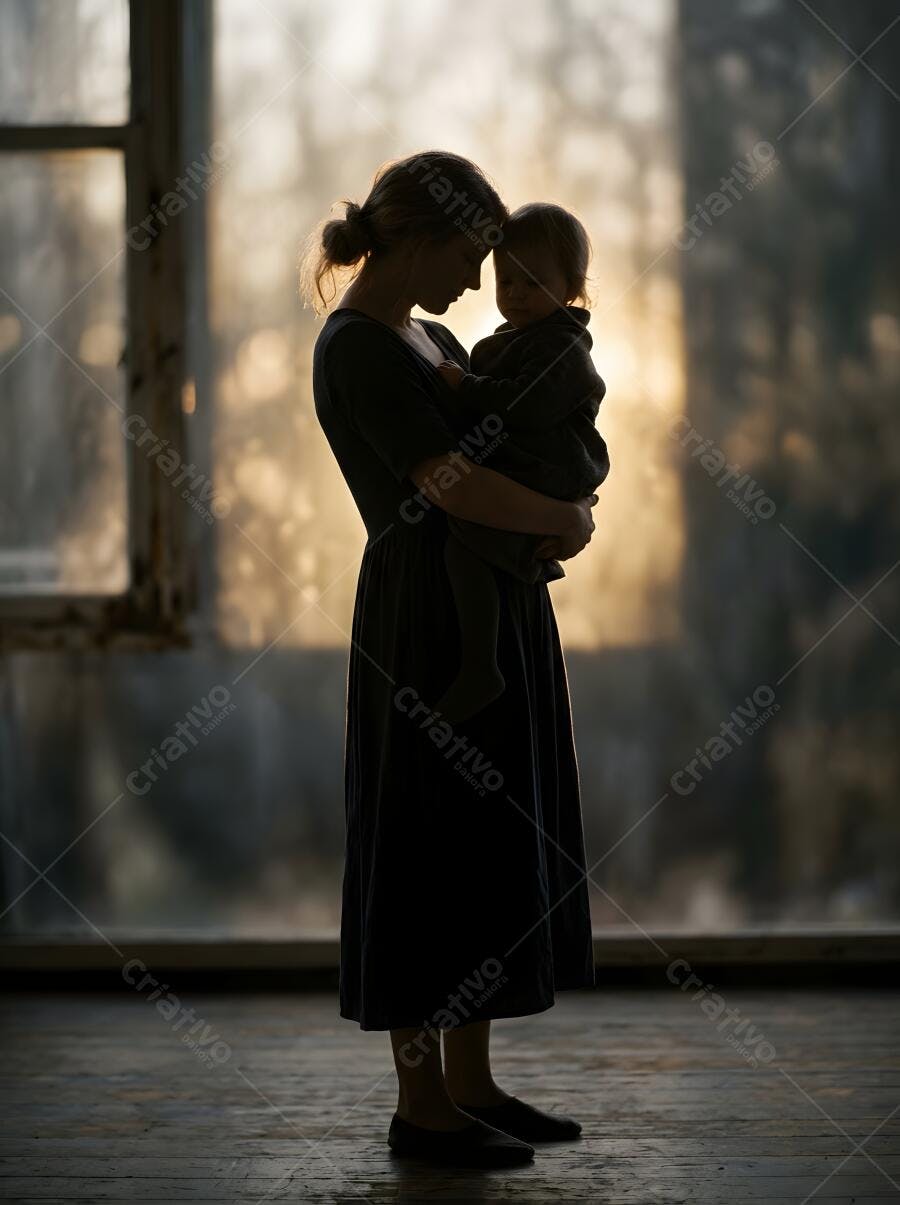 Foto Mãe e Bebê Silhueta Abraço Afetivo Janela Contraluz
