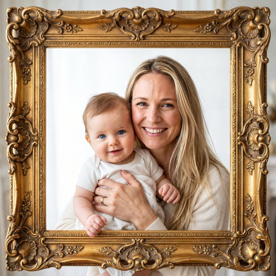 Foto Mãe e Bebê Sorrindo Abraçados Moldura Dourada
