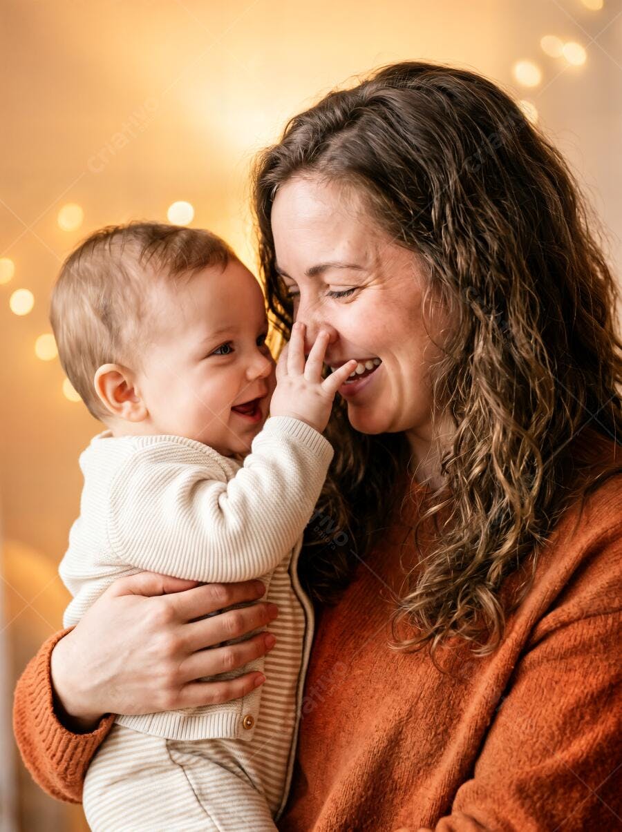 Foto Mãe e Bebê Sorrindo Carinho Fundo Luzes Douradas